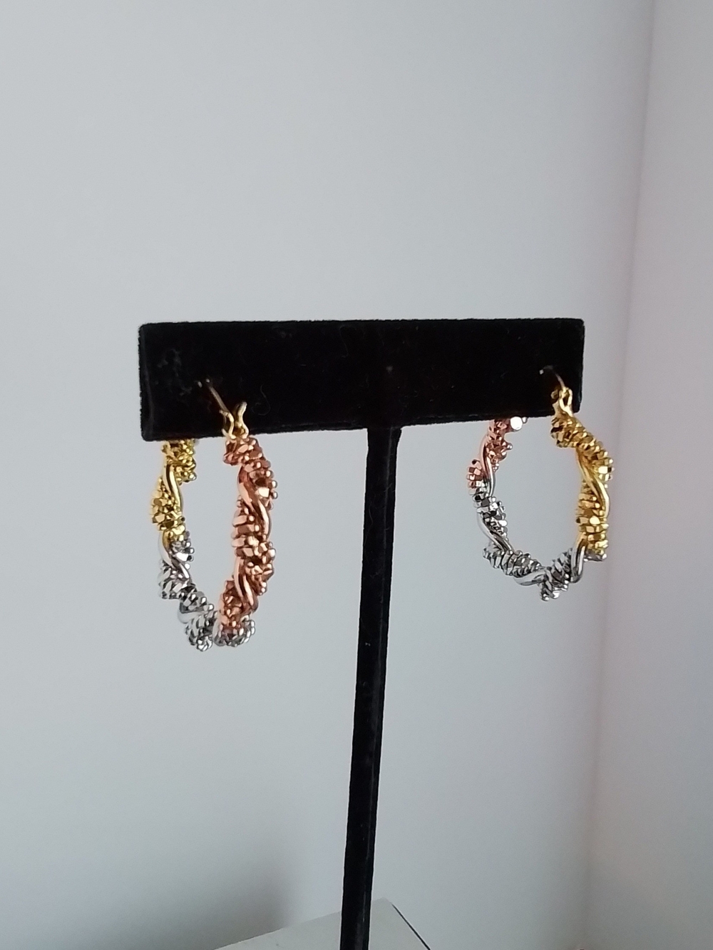 Tri-Tone Twist Hoop Earrings - Gold, Rose & White Gold Plated - Picture 4 of 4